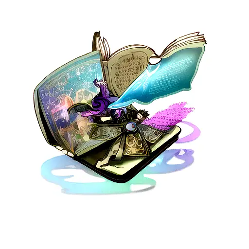 A MacBook transformed into a magical book with fantasy elements emerging from its screen tattoo design idea