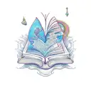 A MacBook transformed into a magical book with fantasy elements emerging from its screen tattoo design idea