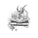 A MacBook transformed into a magical book with fantasy elements emerging from its screen tattoo design idea