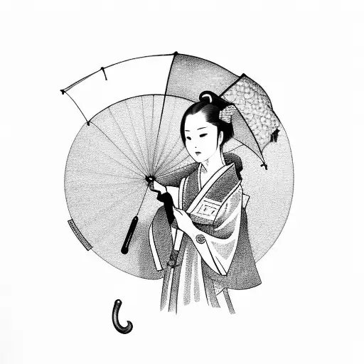 Japanese woman holding umbrella and fan tattoo design idea