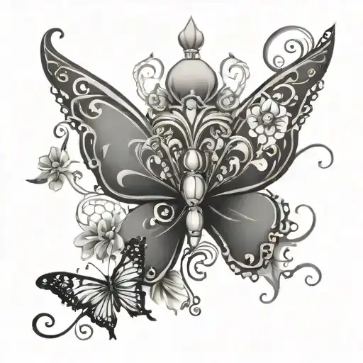 A stylized crown design with intricate black-grey shading and hidden butterfly and flower elements tattoo design idea