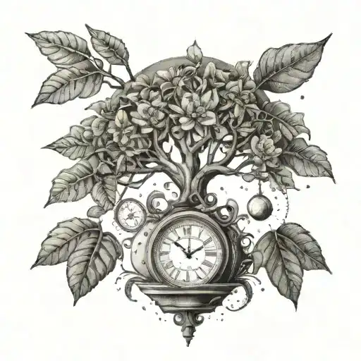 A money tree growing out of a clock, symbolizing prosperity and the passage of time tattoo design idea