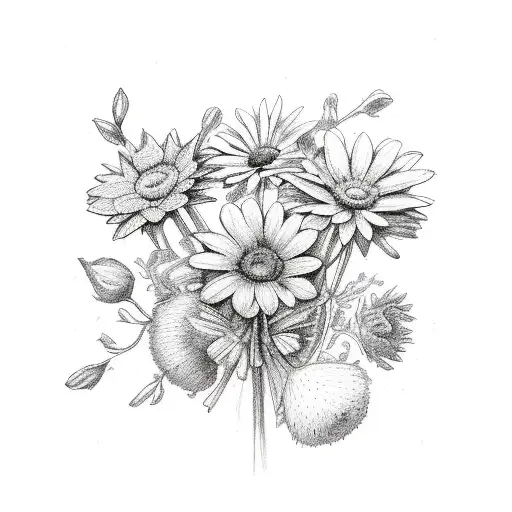 a small line drawing of a bouquet of flowers from the birth months january, march, may, june, and december tattoo design idea