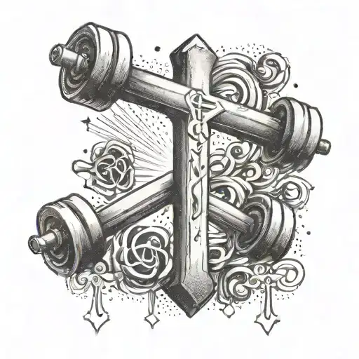 Cross made of barbells with a motivational bible quote tattoo design idea