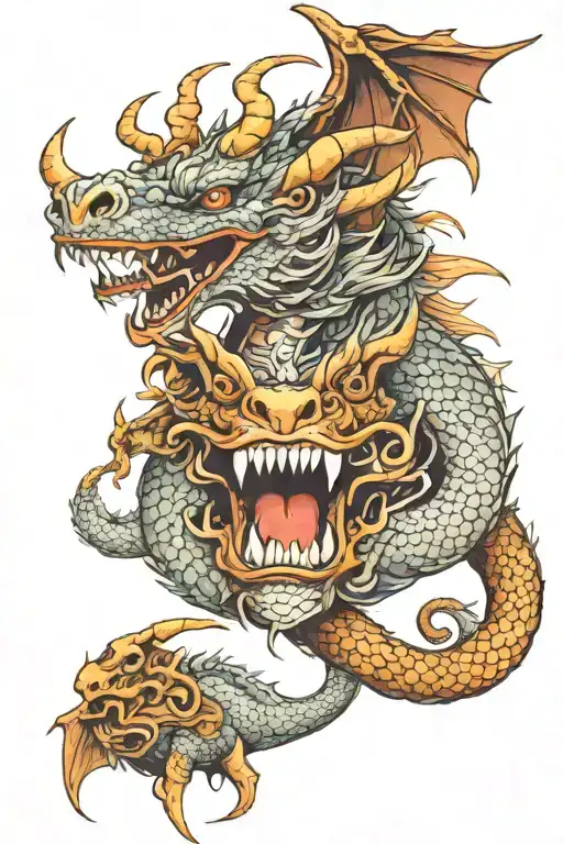 dragon with mythical gods, people's faces, eyes, hands tattoo design idea