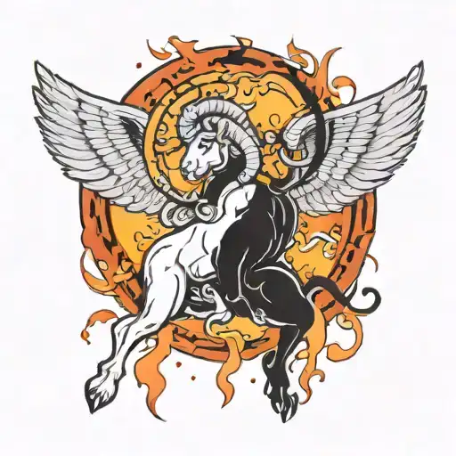 An Aries zodiac sign with a halo and wings battling against a dark and menacing version of itself with devil horns and fire tattoo design idea