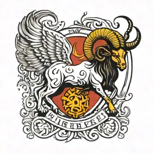 A bold and striking design of the Aries zodiac sign with a split personality, one side adorned with a halo and wings while the other side features devil horns and fire tattoo design idea