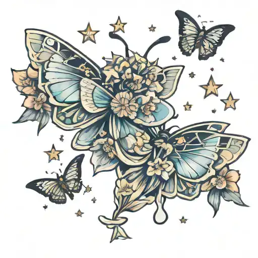 moth stars moon flowers   tattoo design idea