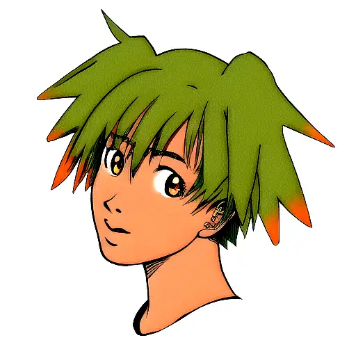 Realistic portrait of an African American gamer girl with a green and orange anime-inspired background tattoo design idea