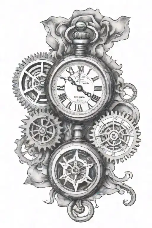 Pocket watch showing gears with compass with map behind and date in Roman numerals forearm tattoo tattoo design idea