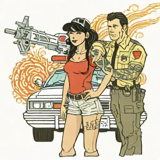 wildland firefighter and girl with black hair and bangs standing in front of a supercharged 2006 Ford Crown Victoria tattoo design idea