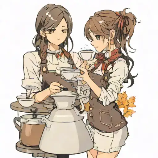 brown hair asian coffee barista bonding with black hair hispanic coffee barista, in autumn/fall tattoo design idea