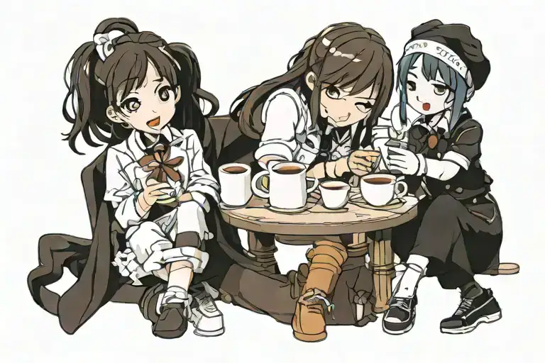 brown hair asian coffee barista bonding with black hair hispanic coffee barista, in autumn/fall tattoo design idea