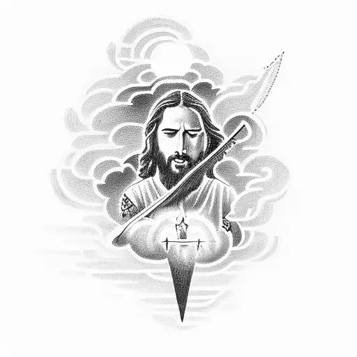 A heavenly scene with Jesus playing a guitar among clouds and lightning tattoo design idea