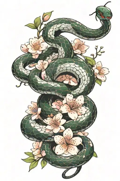 snake with cherry blossoms tattoo design idea