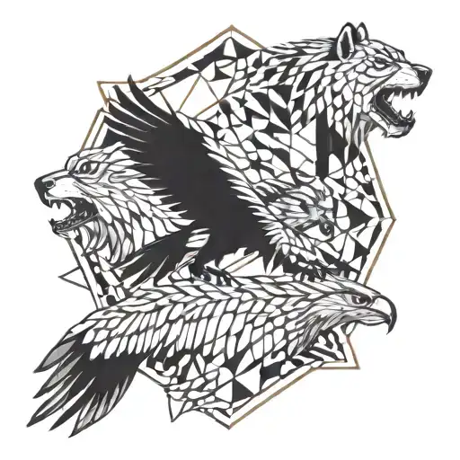 wolf, tiger and eagle flying tattoo design idea