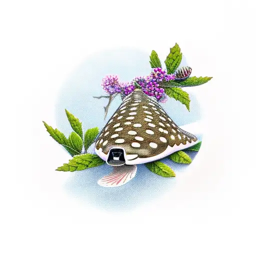 brook trout, petoskey stone, white-tail deer, white pine branch with 2 cones, and american robin among apple blossoms tattoo design idea