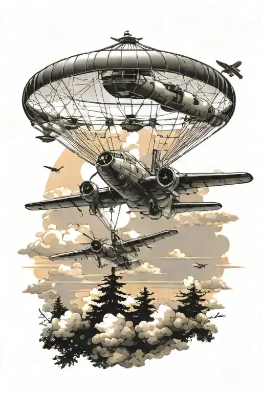 army plane flying in sky with sunset and parachuter with battleground and trees and clouds tattoo design idea