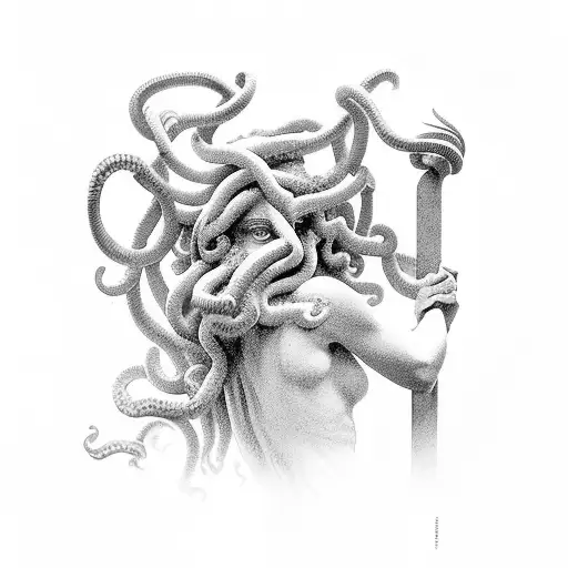 Medusa in Greek sculpture style with cracks tattoo design idea