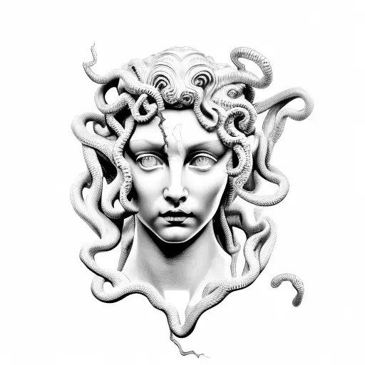 Medusa in Greek sculpture style with cracks tattoo design idea