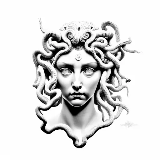 Medusa in Greek sculpture style with cracks tattoo design idea