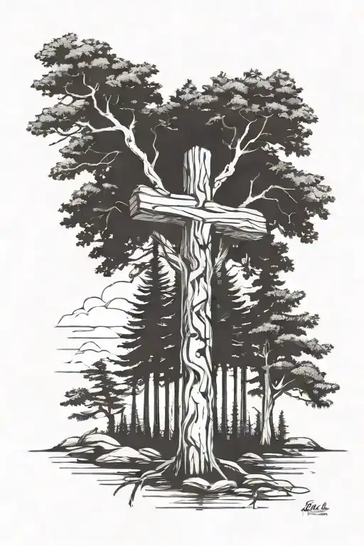 5 different trees connect to a wooden cross. Palm, giant sequoia, evergreen aspen, joshua tattoo design idea