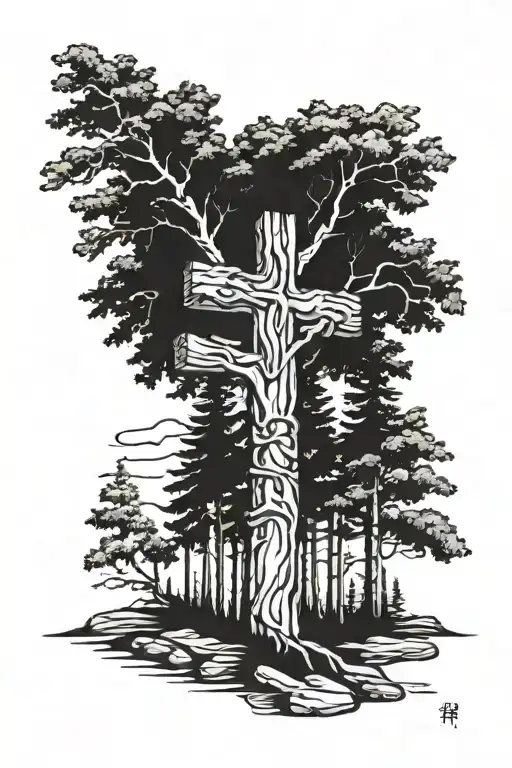5 different trees connect to a wooden cross. Palm, giant sequoia, evergreen aspen, joshua tattoo design idea