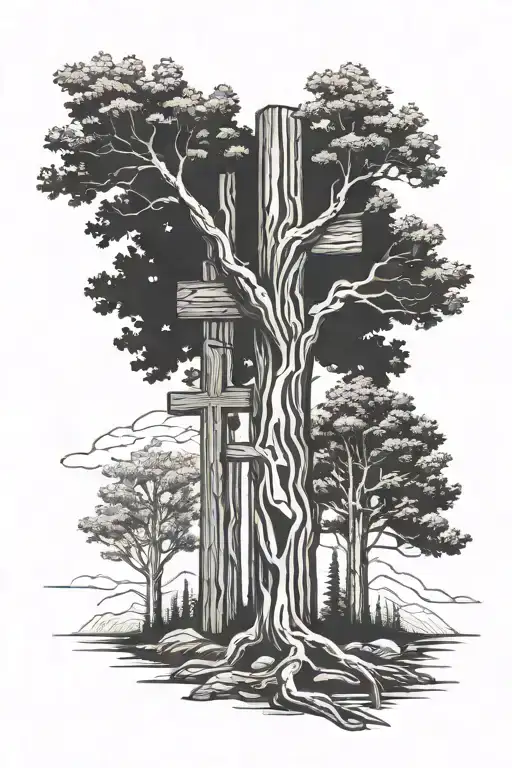 5 different trees connect to a wooden cross. Palm, giant sequoia, evergreen aspen, joshua tattoo design idea