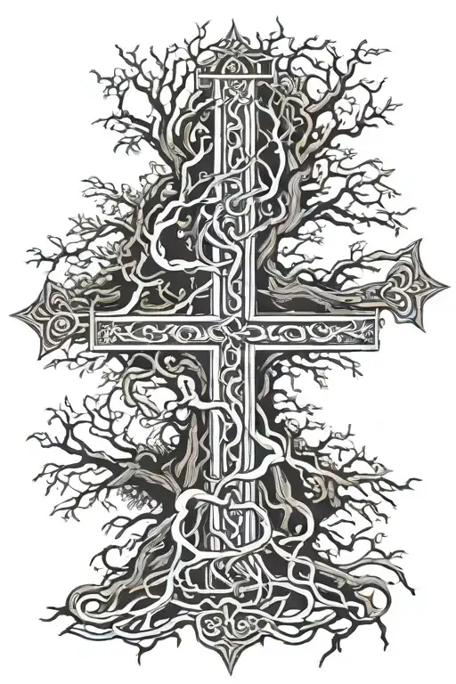 tree roots connecting to Jesus on the cross intertwined tattoo design idea