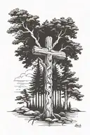 5 different trees connect to a wooden cross. Palm, giant sequoia, evergreen aspen, joshua tattoo design idea