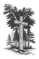 5 different trees connect to a wooden cross. Palm, giant sequoia, evergreen aspen, joshua tattoo design idea