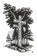 5 different trees connect to a wooden cross. Palm, giant sequoia, evergreen aspen, joshua tattoo design idea