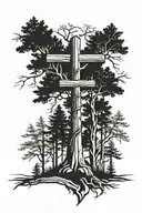 5 different trees connect to a wooden cross. Palm, giant sequoia, evergreen aspen, joshua tattoo design idea