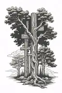 5 different trees connect to a wooden cross. Palm, giant sequoia, evergreen aspen, joshua tattoo design idea