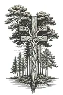 5 different trees connect to a wooden cross. Palm, giant sequoia, evergreen aspen, joshua tattoo design idea
