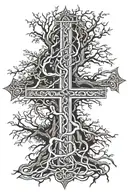 tree roots connecting to Jesus on the cross intertwined tattoo design idea