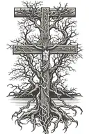 tree roots connecting to Jesus on the cross intertwined tattoo design idea
