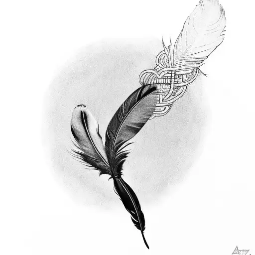 A black-grey tattoo of an indigenous feather intertwined with musical notes tattoo design idea