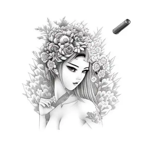 Forest, Girl, Gorgious, Beautiful, nude, with a gun, flowers, short hair tattoo design idea
