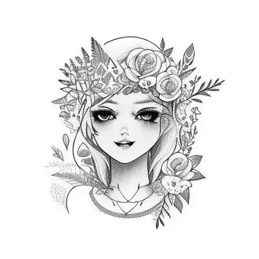 Forest, Girl, Gorgious, Beautiful, nude, with a gun, flowers, short hair tattoo design idea