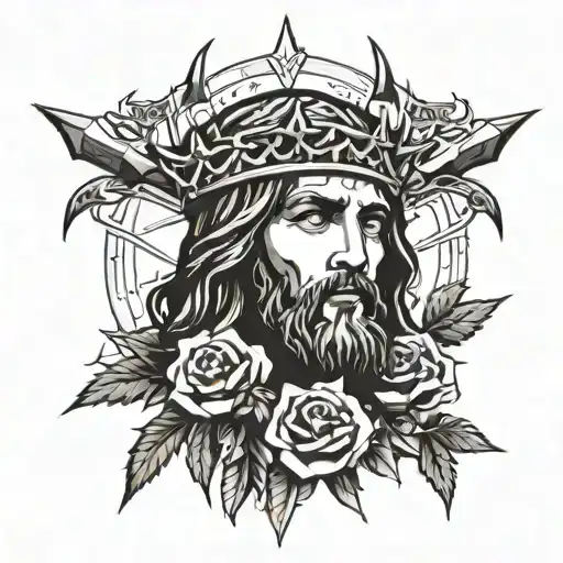 Christ with a crown of thorns may have a flash of light above him and a rose below him tattoo design idea