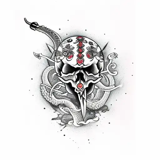 skull with dagger and dripping blood from teeth. with cherry blossom and a snake around the daggar tattoo design idea