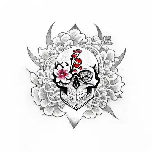 skull with dagger  cherry blossom around the daggar tattoo design idea