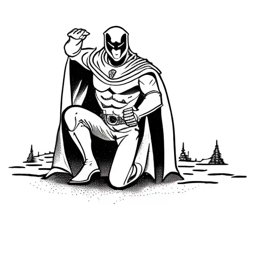 moonknight on his knees with cape, in front of a forest, in front of a pond with reflection tattoo design idea