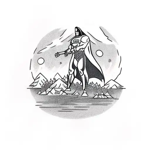 moonknight on his knees with cape, in front of a forest, in front of a pond with reflection tattoo design idea
