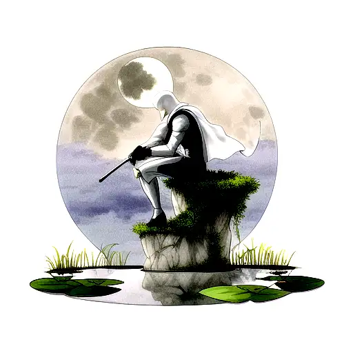 moon knight kneeling over a pond witb his reflection and the moon above him tattoo design idea