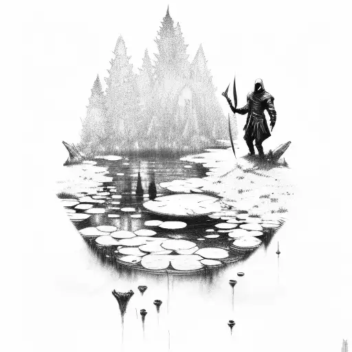 Moon Knight and Assasins Creed Suit kneeling in front of a pond in the forest, praying, with smoke tattoo design idea