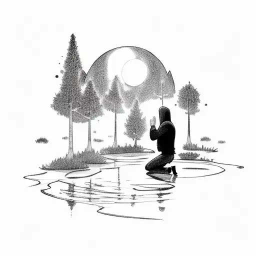 moon knight on his knees praying in a forest in front of a pond  tattoo design idea