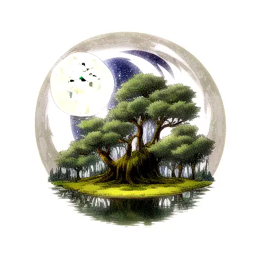 Moon Knight, overcasting on a forest, with the moon in the sky reflecting on a pond tattoo design idea