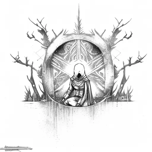 Moon Knight and Assasins Creed Suit kneeling in front of a pond in the forest, praying, with smoke and moon in the sky tattoo design idea